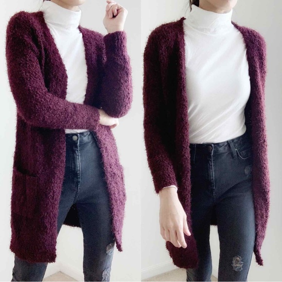 COZY FUZZY KNIT LONG CARDIGAN SWEATER  - WINE - Picture 3 of 4